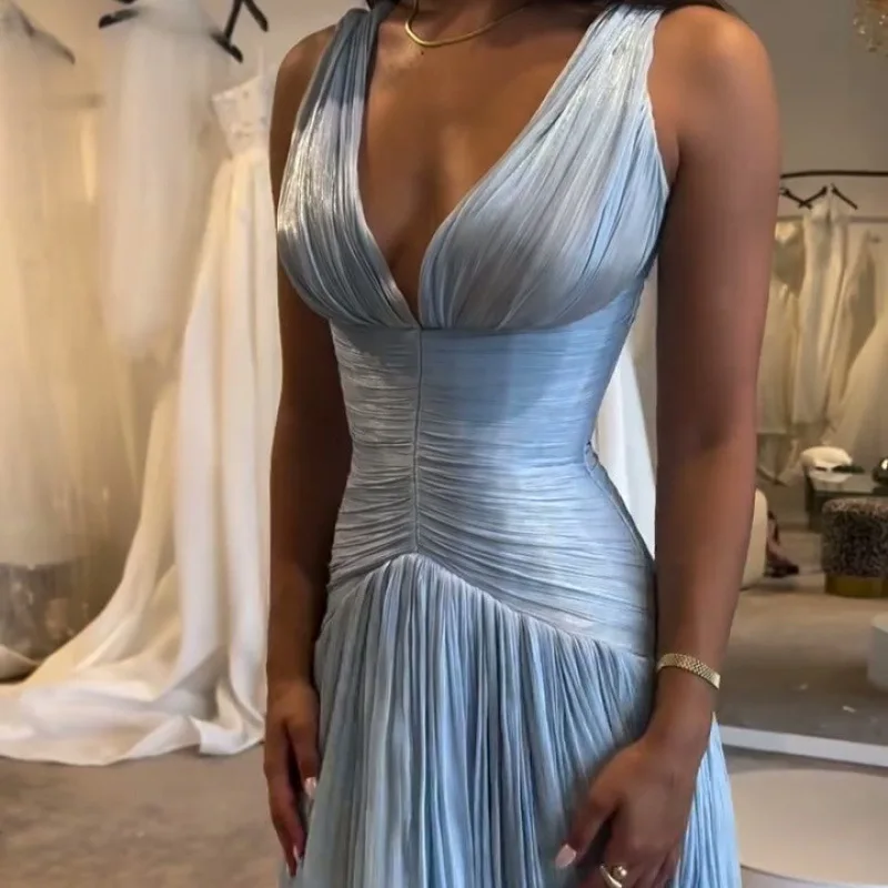 

EGS Sexy Blue Silk Satin Long Evening Dresses V-Neck Sleeveless Prom Dresses Saudi Araric Formal Occasion Prom Gowns Customized