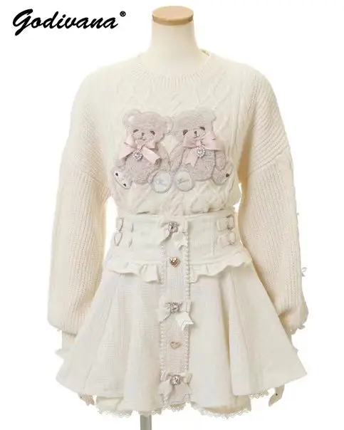 Japanese Liz Lolita Skirt Set New Autumn Winter Mass-produced Cute Bear Pullover Sweater High Waist Tweed Strap Skirt Outfits