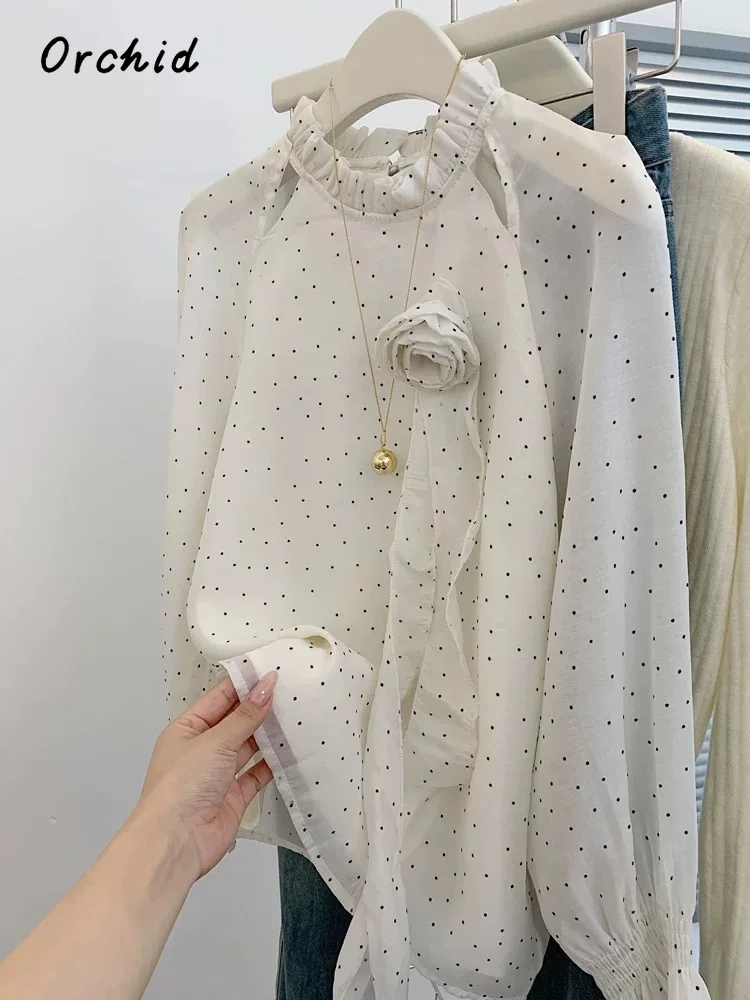 2025 Spring Elegant 3D Floral Round Neck Long Sleeve Shirt Women Causal Chic Soft Blouses Single Breasted Dots Print Tees Top