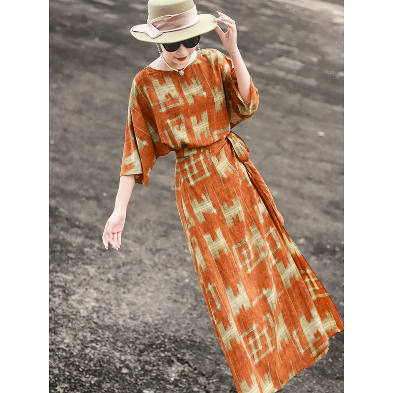 MEXCOCO 2026Summer new style elegant commuting design bat-sleeve one-piece waist-tied dress