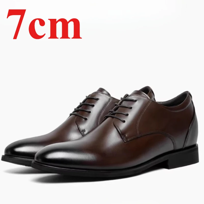 Brown Business Derby Shoes for Men's Dress Shoes 7cm Elevator Genuine Leather Wedding Comfortable Inner Height Increasing Shoes