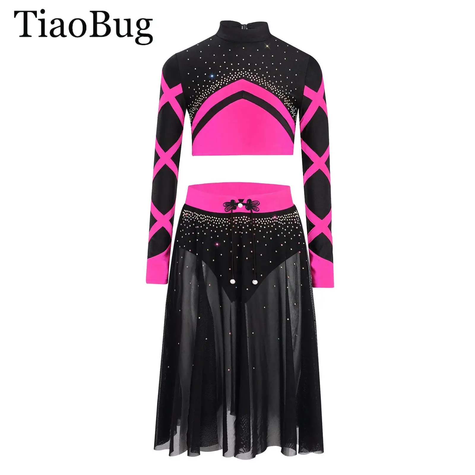 

Girls Lyrical Dance Set Acrobatics Gymnastics Ballet Dance Costume Long Sleeve Rhinestone Crop Top with Side Split Mesh Skirt