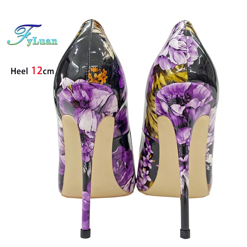 

Pointed Stiletto Women Single Shoes 8CM 10CM 12CM High Heels Purple Printing Summer Female Shoes Party Ladies Pumps Large Size