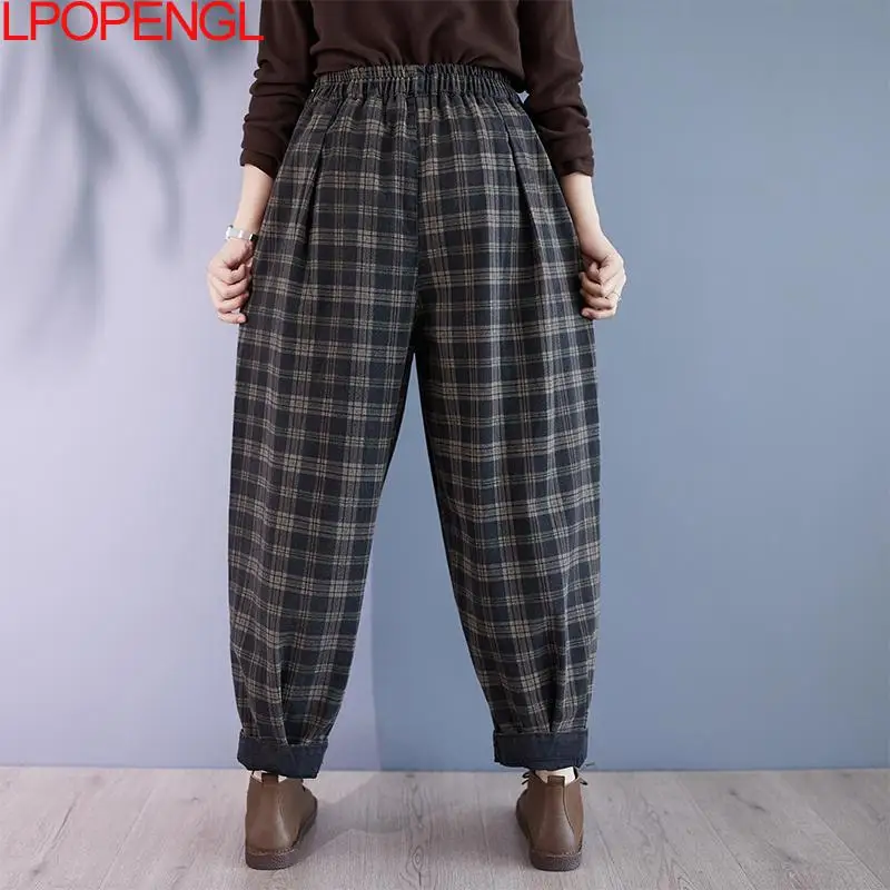 New Fashion Retro Plaid Straight Elastic Waist Jeans Women\'s Autumn Versatile Streetwear Harem Pants Casual High Waist Trousers