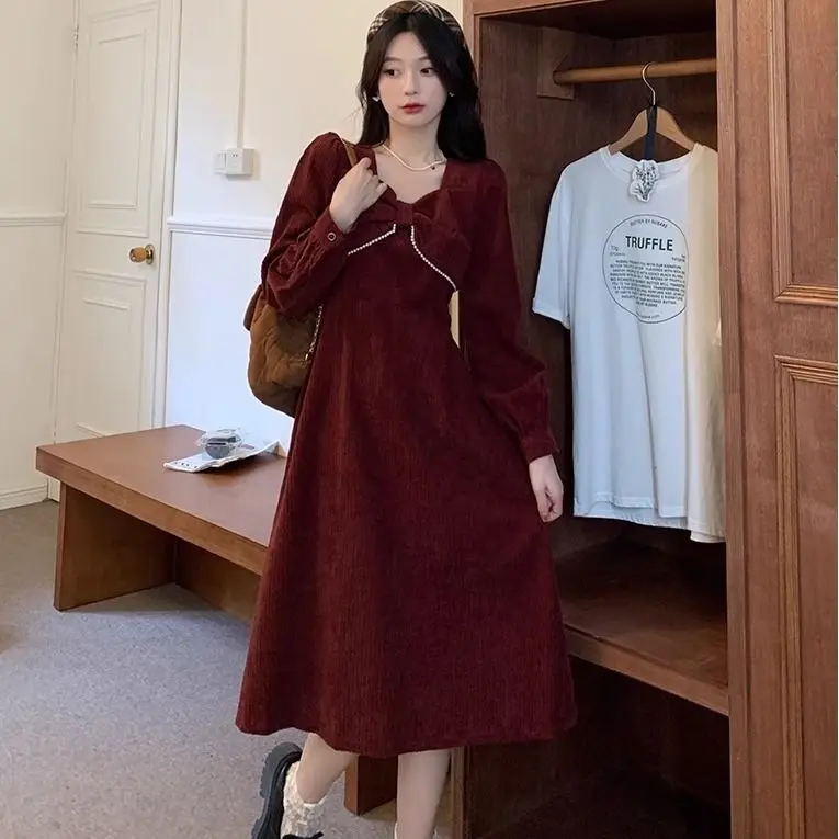 

Corduroy Bow Dress Autumn Winter New Style Pearl Design Waist-Cinching Temperament Fashionable Slimming Hepburn French Dress