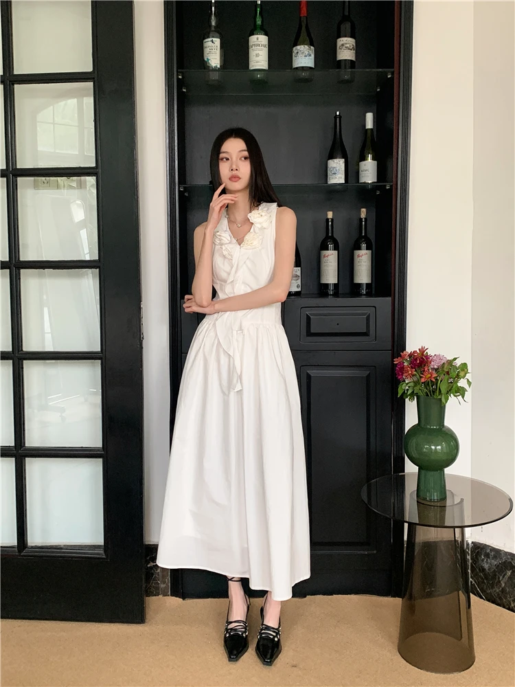 CHEERART Designer White Sleeveless Long Dresses Summer 2024 Woman Ruffles V Neck A Line Midi Dress Women Clothing