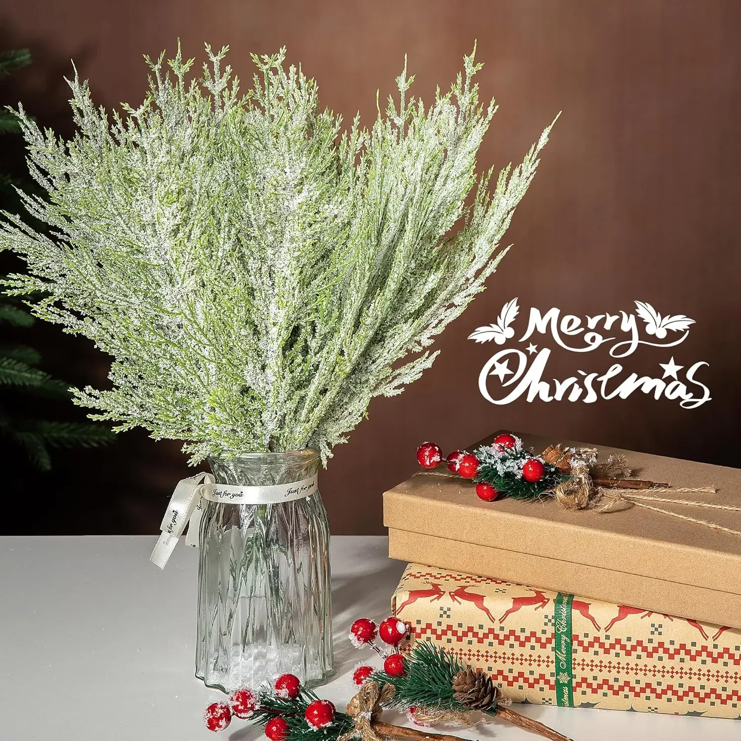 Christmas Snow Frosted Pine Branches Artificial Faux Cedar Fake Sprigs Pine Leaves Plastic Cypress Garland Wreath DIY Decoration