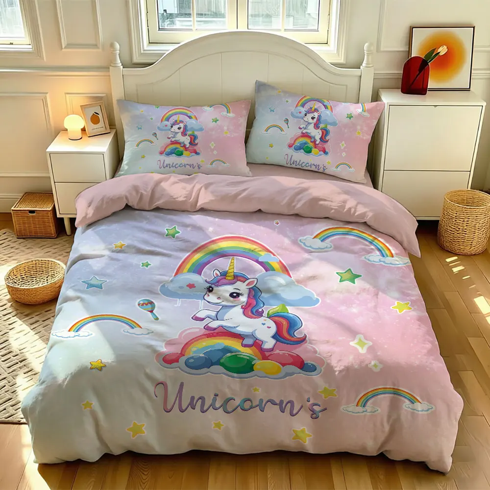 3pcs Rainbow Unicorn Star Bedding digital print Set, including 1 bedding cover and 2 pillowcases (without inserts)