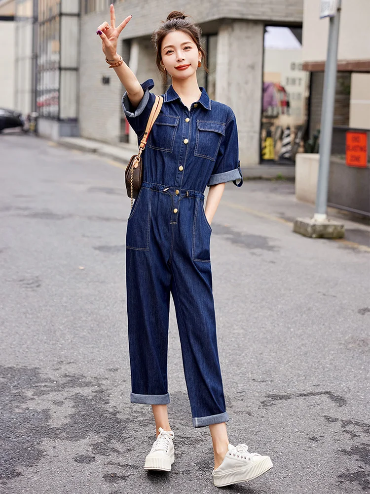 

Spring Autumn Denim Jumpsuit Set Women's Summer Faion Small Size High Waist Long Pants Cotton Blend Button Detail Jumpsuit