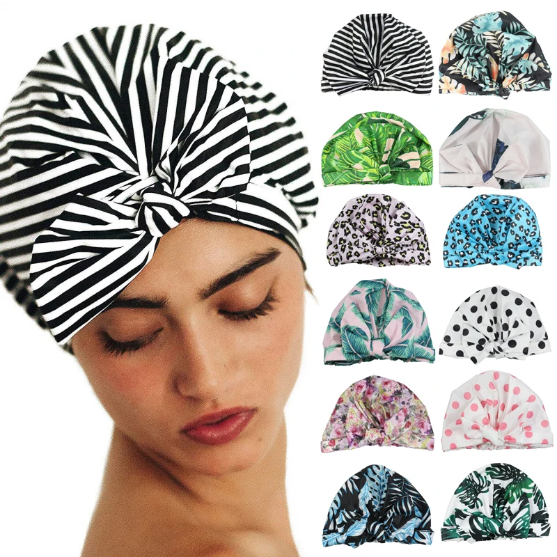 28 Colors Leopard Print Dot Stripe Big Bow Waterproof Shower Hat Elastic Band Salon Party Women Oxford Cloth Hair Cover Cap