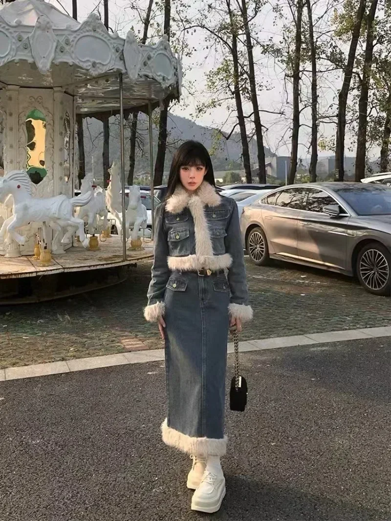 

Модная приталенная короткая куртка в корейском ретро-стиле для девушек, юбка до середины икры, джинсовый комплект из двух предметов, женская одежда