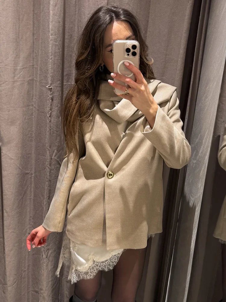 

HH 2026 New Woman Spring Fashion Trend Long Sleeves Scarf Collar Solid Color Buttons Blazer Female Casual Loose Elegant Coat