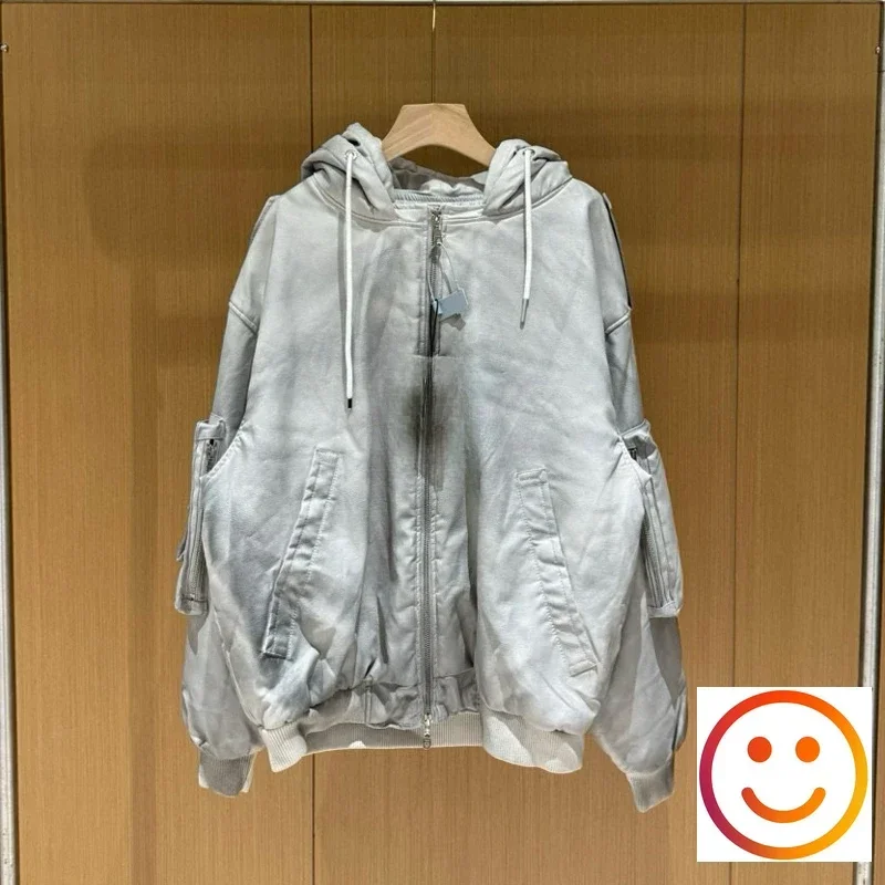 Soiled Gray Double-layer Leather Jacket Multiple Pockets Two Zipper Hoodie Men Women Winter High Quality Heavy Fabric Pullovers