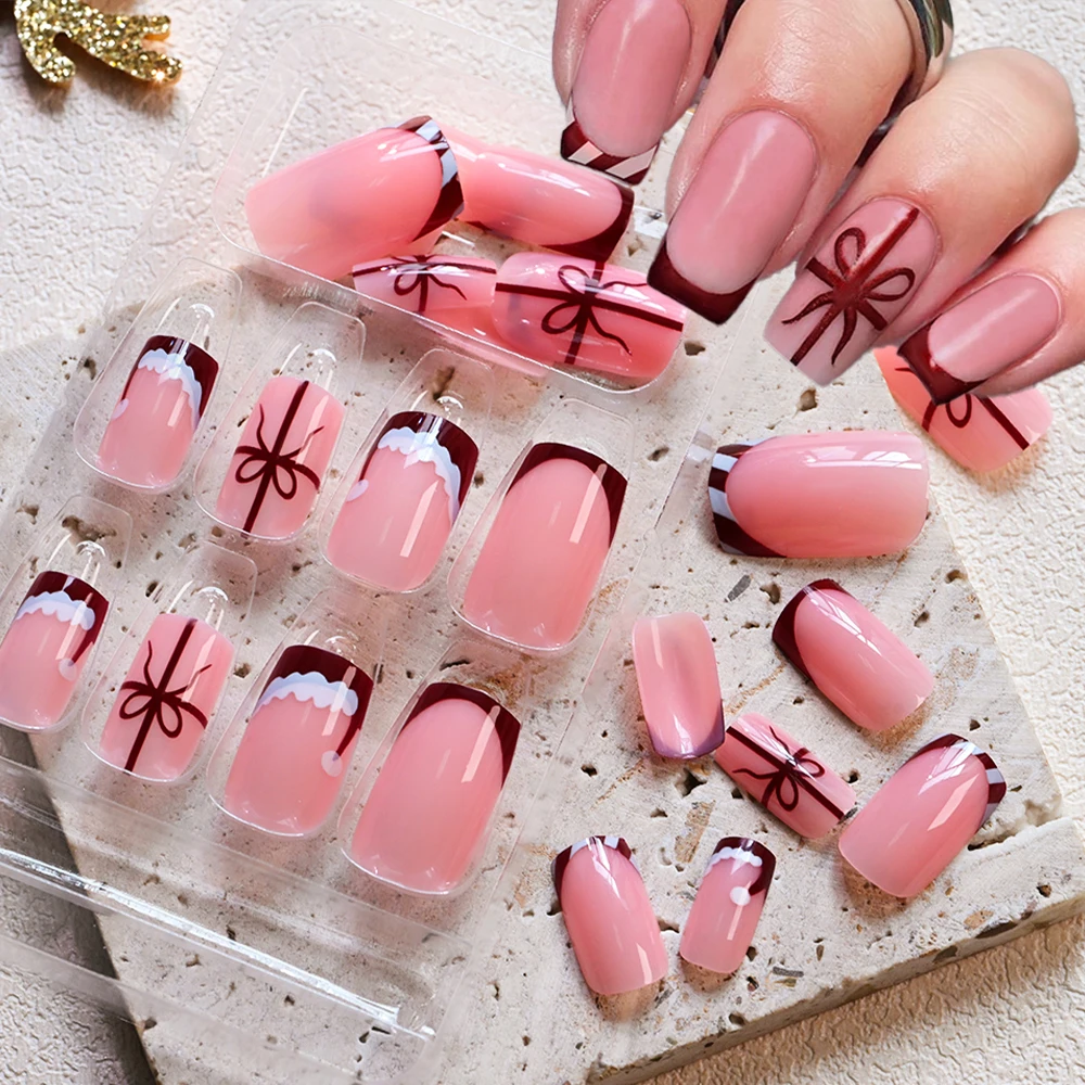 

24Pcs Short Square Christmas Hat Bow False Nails Nude Pink Glossy Wearable Press On Nails Wine French Acrylic Fake Nail Tips&#-*