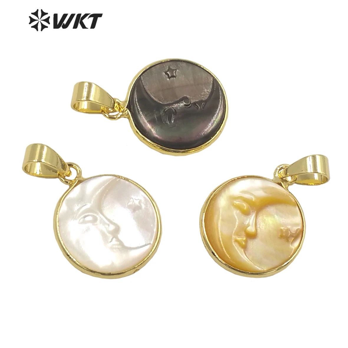 WT-JP299 WKT exclusive newest hand carved moon face pendant lady lovely energy natural shel round moon necklace pendant