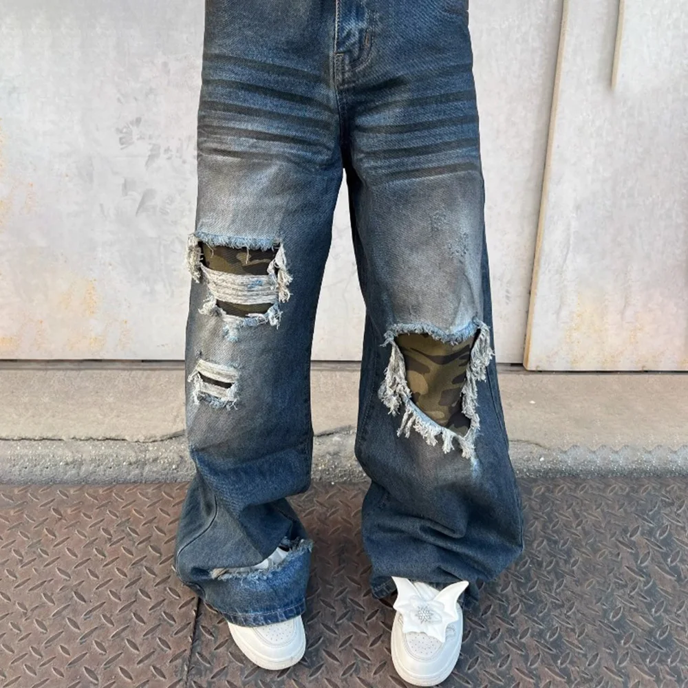 Zomer nieuwe heren contrasterende kleur baggy jeans wijde pijpen broek Amerikaanse vintage modetrend straat hiphop niche herenbroeken