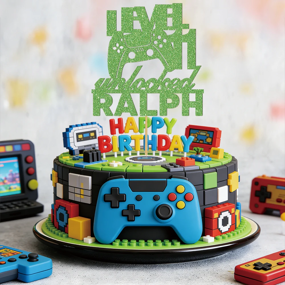 1 Stück personalisierter Tortenaufsatz mit Text und Spielcontroller-Motiv, zum Thema Videospiele und Filme, geeignet für einen Teenager-Geburtstag – Detail 1