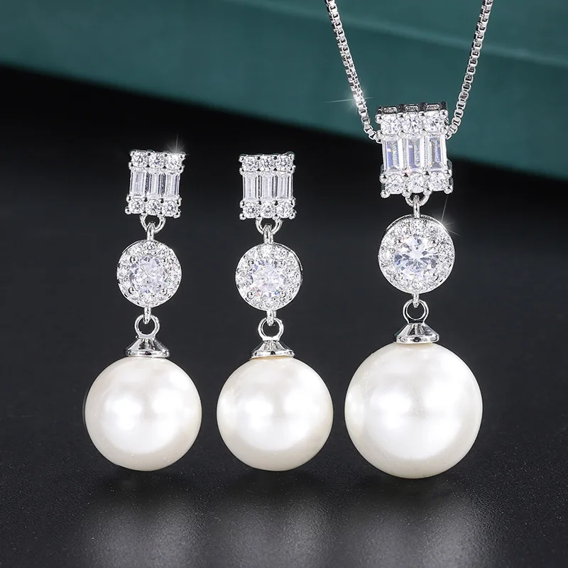 S925 Silver-plated 18K Gold-plated PT950 Platinum Fritillary Pearl Korean Version Fashion Diamond Pendant 14mm Stud Earrings12mm