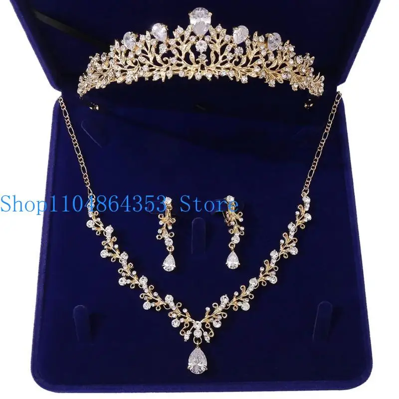 

652F Свадебное ожерелье с кристаллами из циркона, висячие серьги, комплект ювелирных изделий с короной и подарочной коробкой