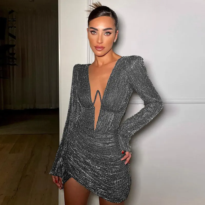 

BoozRey 2022 Autumn Deep V Collar Full Sleeve Mini Dress for Women Gown Fashion Sexy Ruched Club Party Dress Clothes