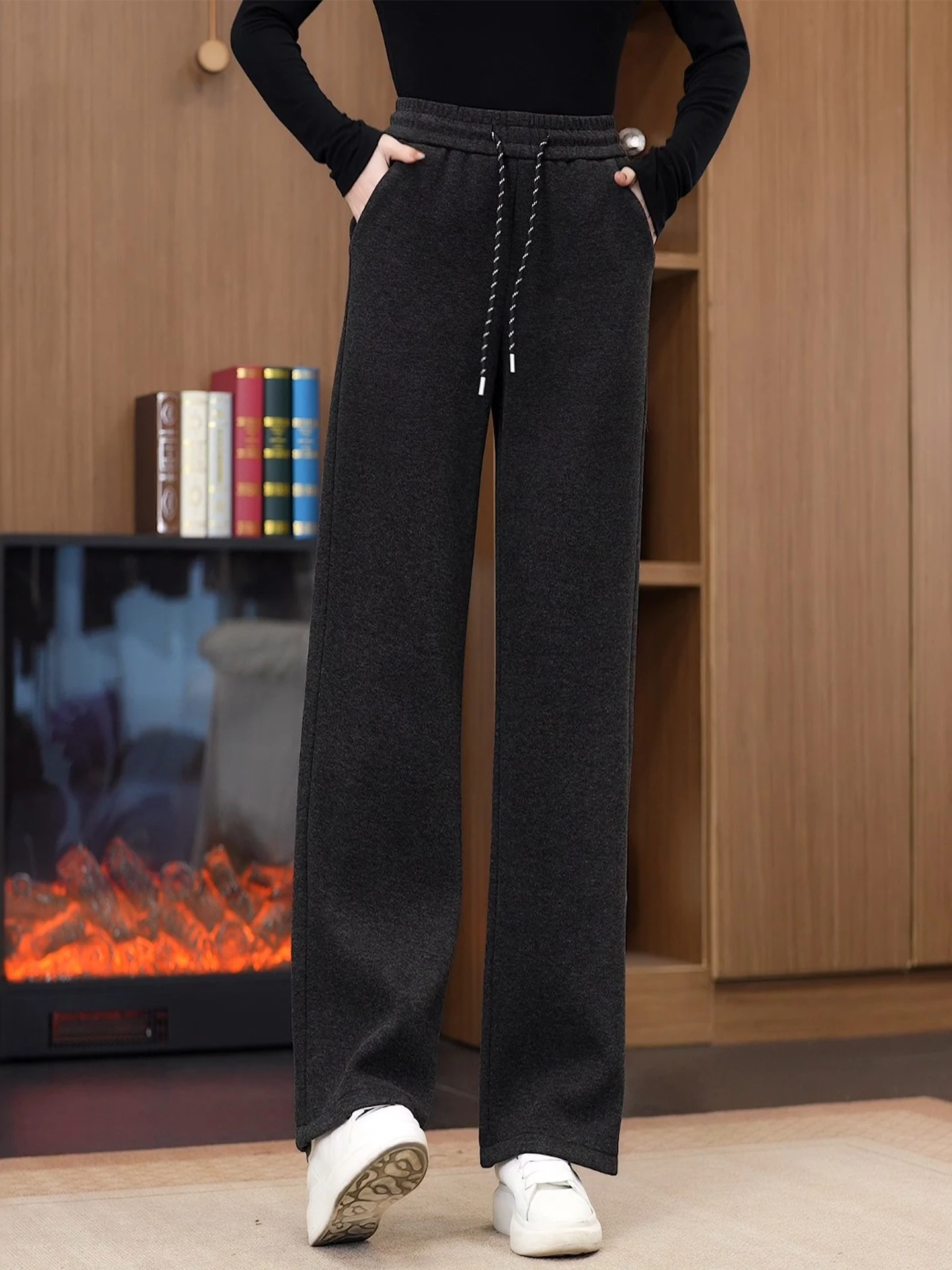 

High Waist Fleece Lined Narrow Wide Leg Pants Casual Straight Cut Autumn Winter Polyester Blend Comfortable Warm Women's Trou...