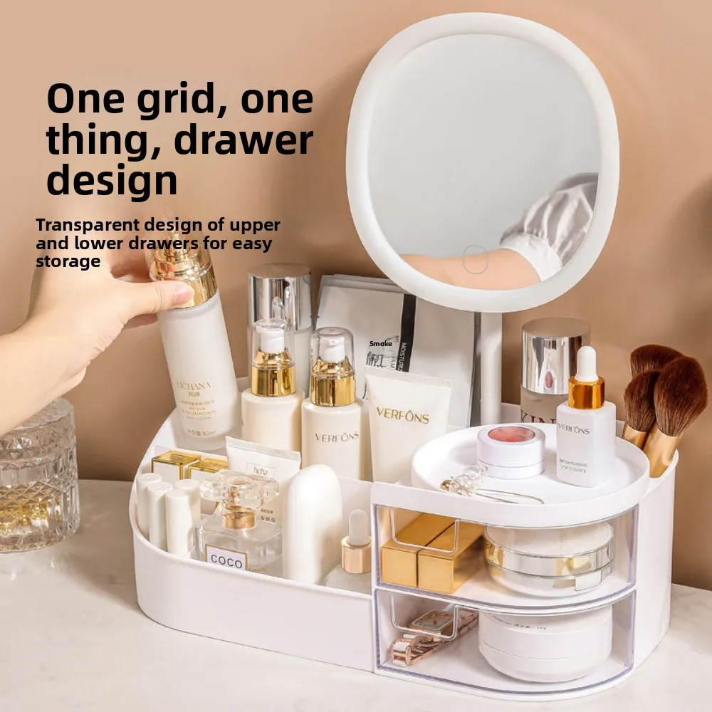 Portable Large Capacity Cosmetic Storage Box with LED Mirror Multi Grid Lipstick Organizer Desktop Storage Box