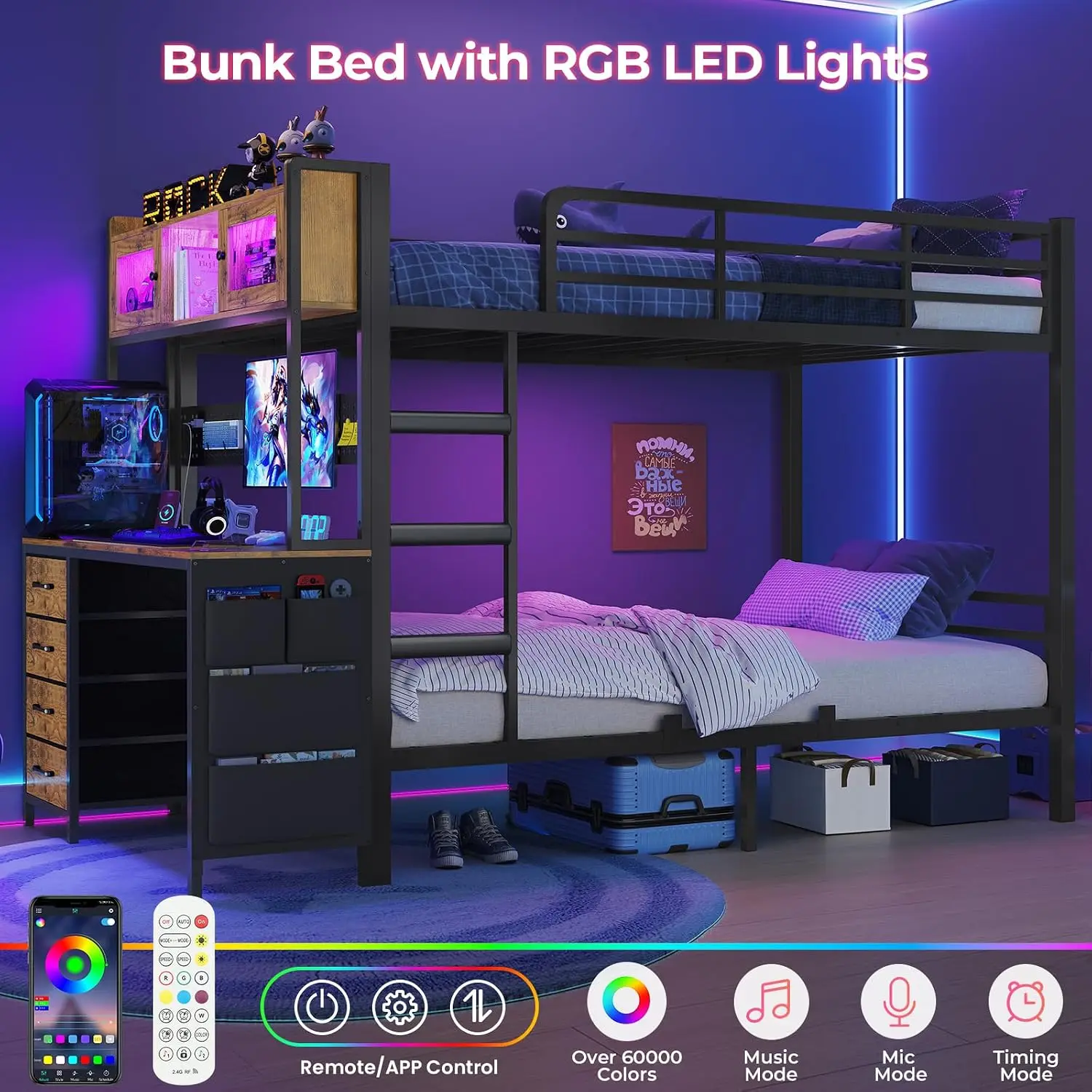 Bunk Bed Twin Over Twin with Gaming Desk,Rustic Brown | Bunk Beds with LED Light & Charging Station & Storage, Customized image 4