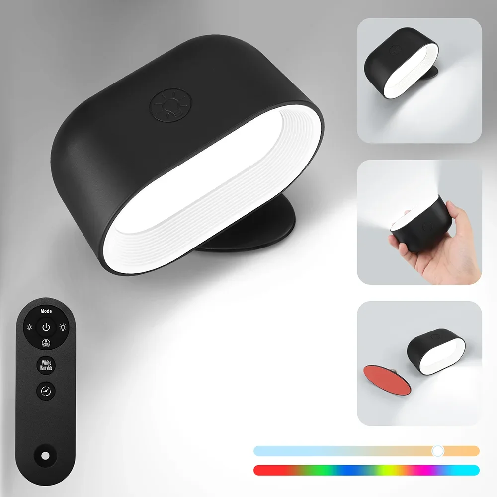 Magnetic LED Wall Light Rechargeable Reading Lights 360° Rotation Touch Remote Control Cabinet Spotlight Round Shape Night Lamp