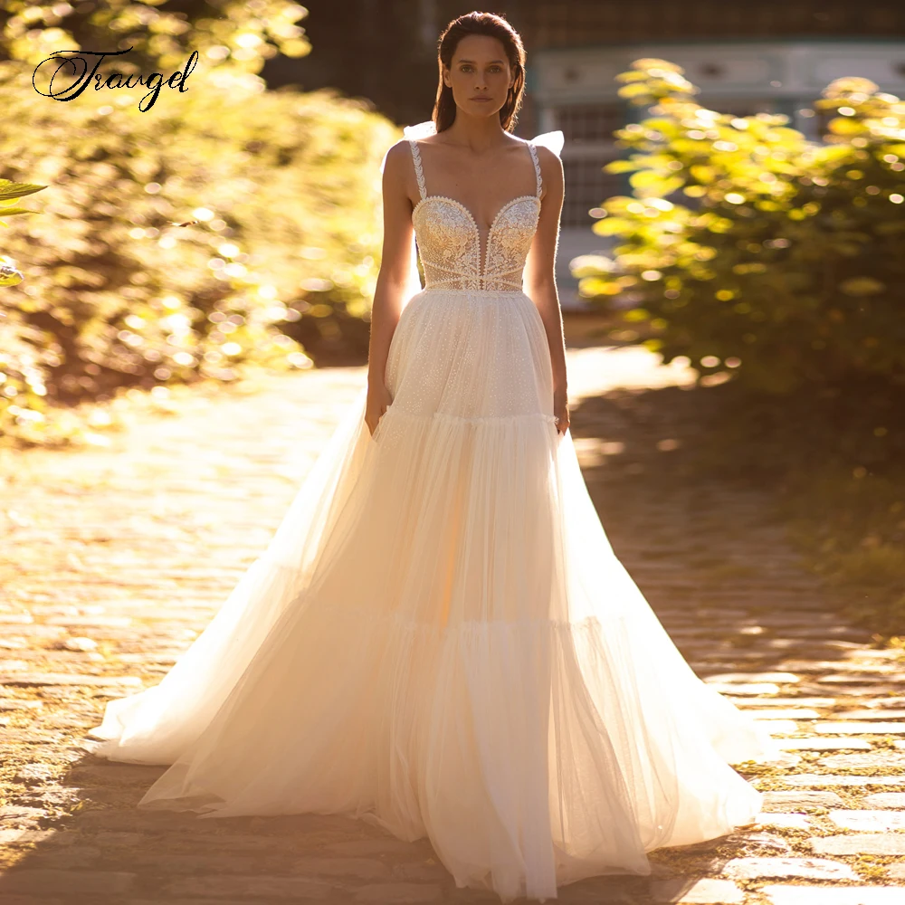 

Traugel Sexy Backless Sweetheart Wedding Dresses Delicate Spaghetti Straps Appliques Beaded Court Train A Line Bridal Gown
