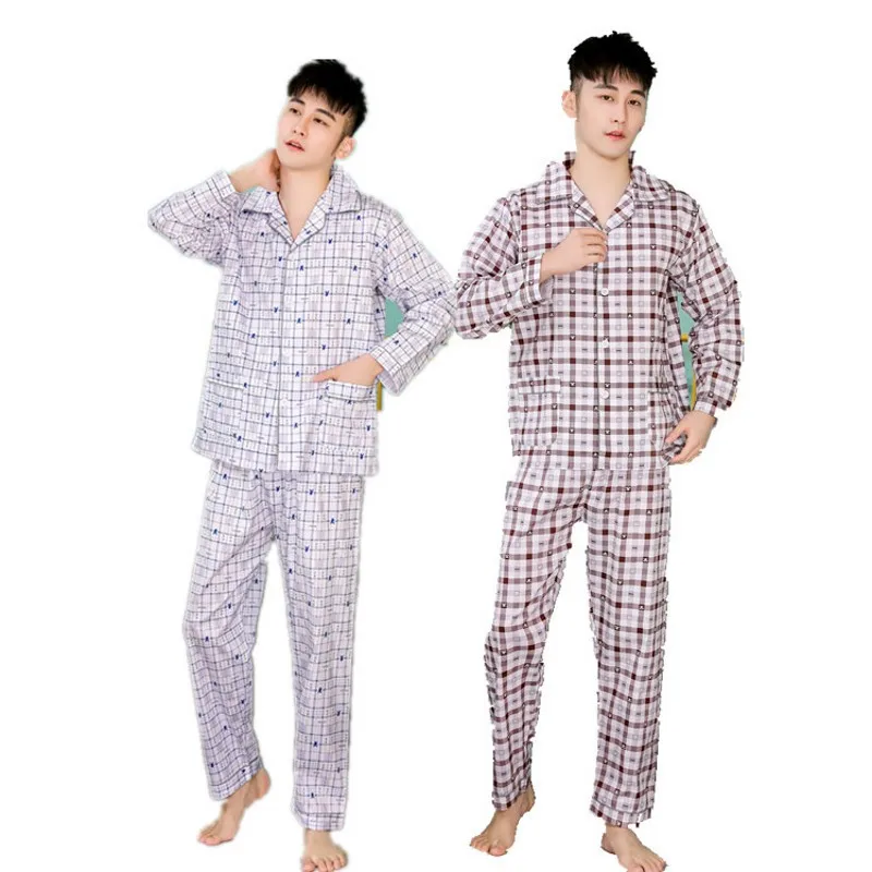 Conjuntos de pijama xadrez casual masculino, terno pijama masculino, manga comprida, gola virada para baixo, roupas de casa 100% algodão, primavera, outono