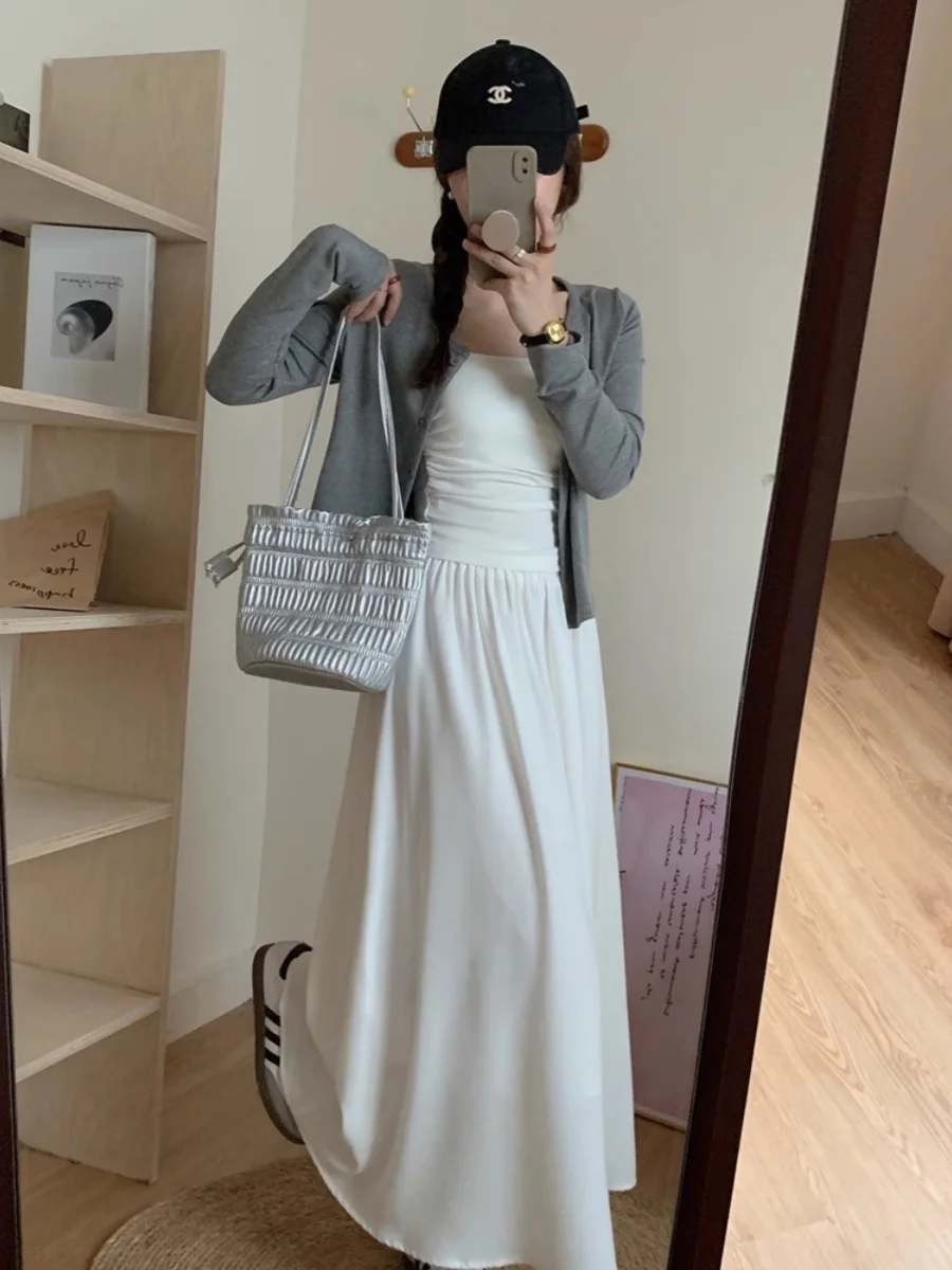 Gray Knitted Open Cardigan Women's Korean Style Summer Outfit with Strap Long Sleeve Chic Top Outerwear Cover up Coat