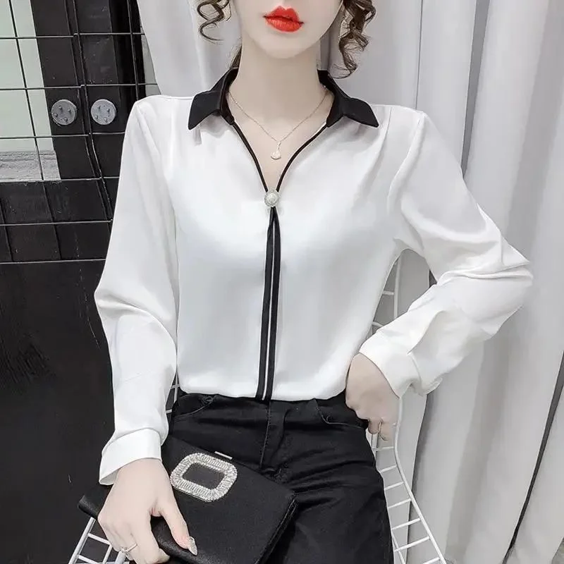 

Faionable Long Sve irt Women's Casual Color Blo V-ne Regular Fit Straight Tube Top Quali Slimming Autumn Winter