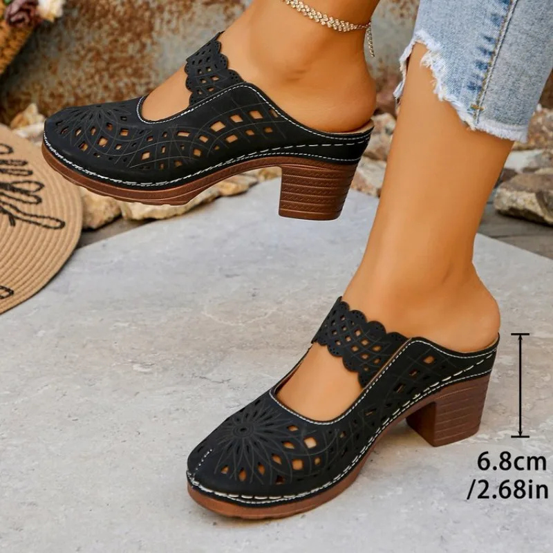 Zapatillas de tacón alto grueso de talla grande para Mujer, novedad de verano 2026, Sandalias Mueller sin cordones con punta cerrada y huecos para Mujer, Sandalias para Mujer