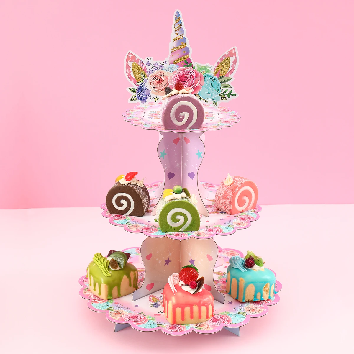 Unicorn Party 3 Tier Foldable Cupcake Stand Happy Birthday Party Decoration Kids Cake Display Stand Baby Shower Decor Supplies