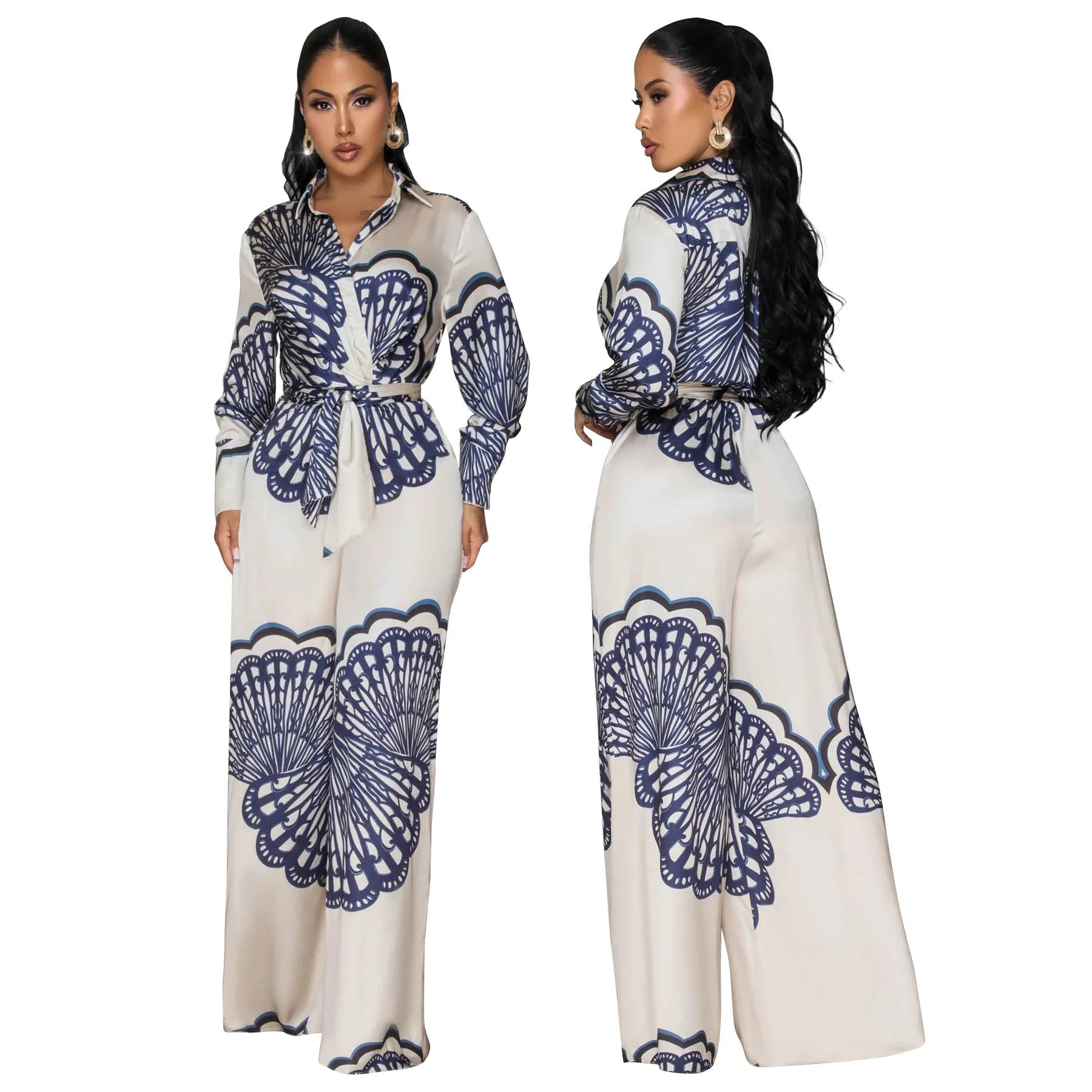 Vrouwen lange mouw print riem wijde pijpen lange jumpsuits 2025, herfst winter feest strand mode straat sexy outfit rompertjes