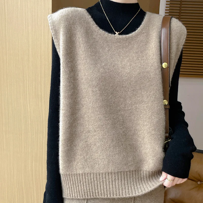 Korean Style Short Seven-Pin Thick round Neck Sleeveless Vest Autumn and Winter Wool Women's Bandage Dress Waistcoat