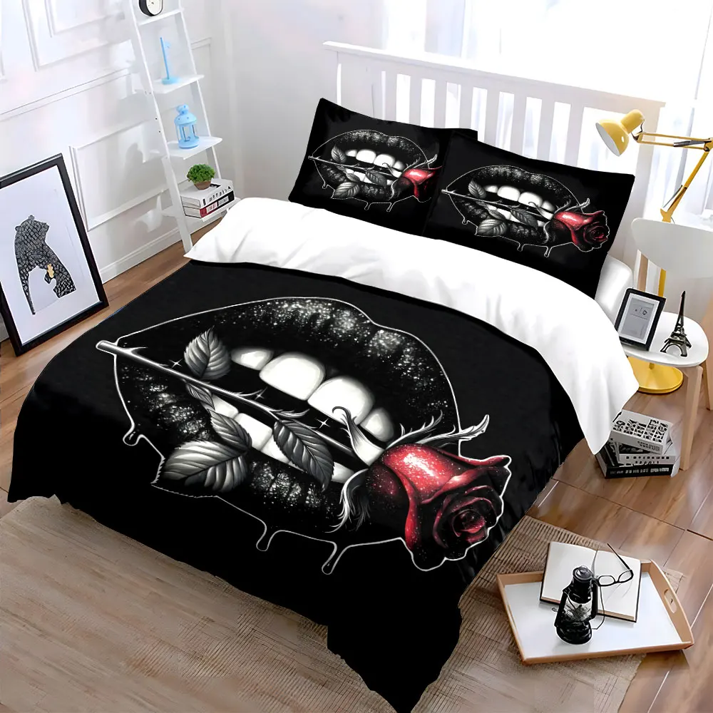 Black lips biting rose Dark Style Bedding Set for Kids Luxury Gift 3pcs Digital Print Comforter Set Soft Comfortable Breathable