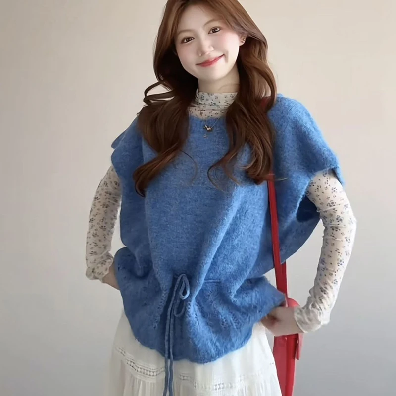 Women Fuzzy Knit Vest Drawstring Hem Sweater Oversized Cap Sleeve Top Cozy Layering Piece