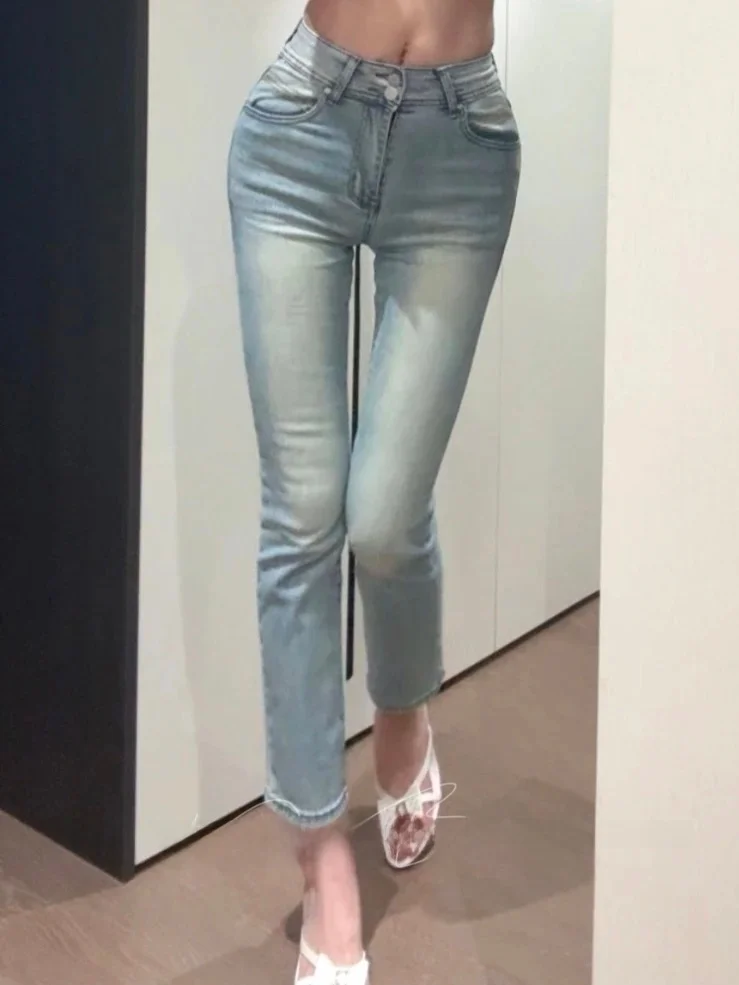 High Waist Soft Stretchy Embroidered Korean Style Denim Jeans Ladies Straight Leg Tummy Control Nine Points Casual Pants