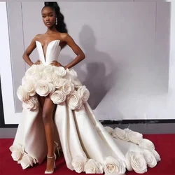Elegant White High Low Evening Gowns Ruffles 3D Flowers Strap Strapless Sweep Train Prom Dresses Women Formal Party Dress