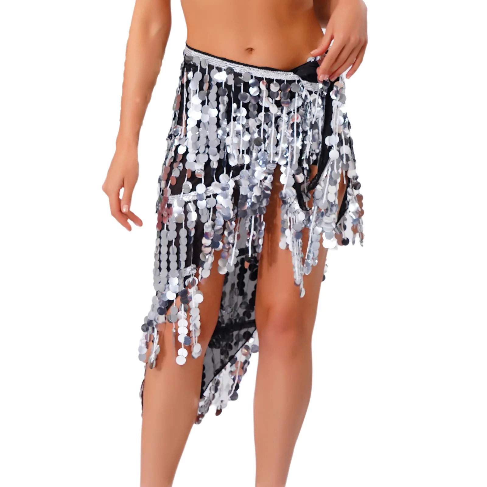 Womens Belly Dance Skirts Sheer Mesh Glittery Sequin Tassel Lace-up Triangle Hip Scarf Waist Chain Latin Dance Performance Skirt