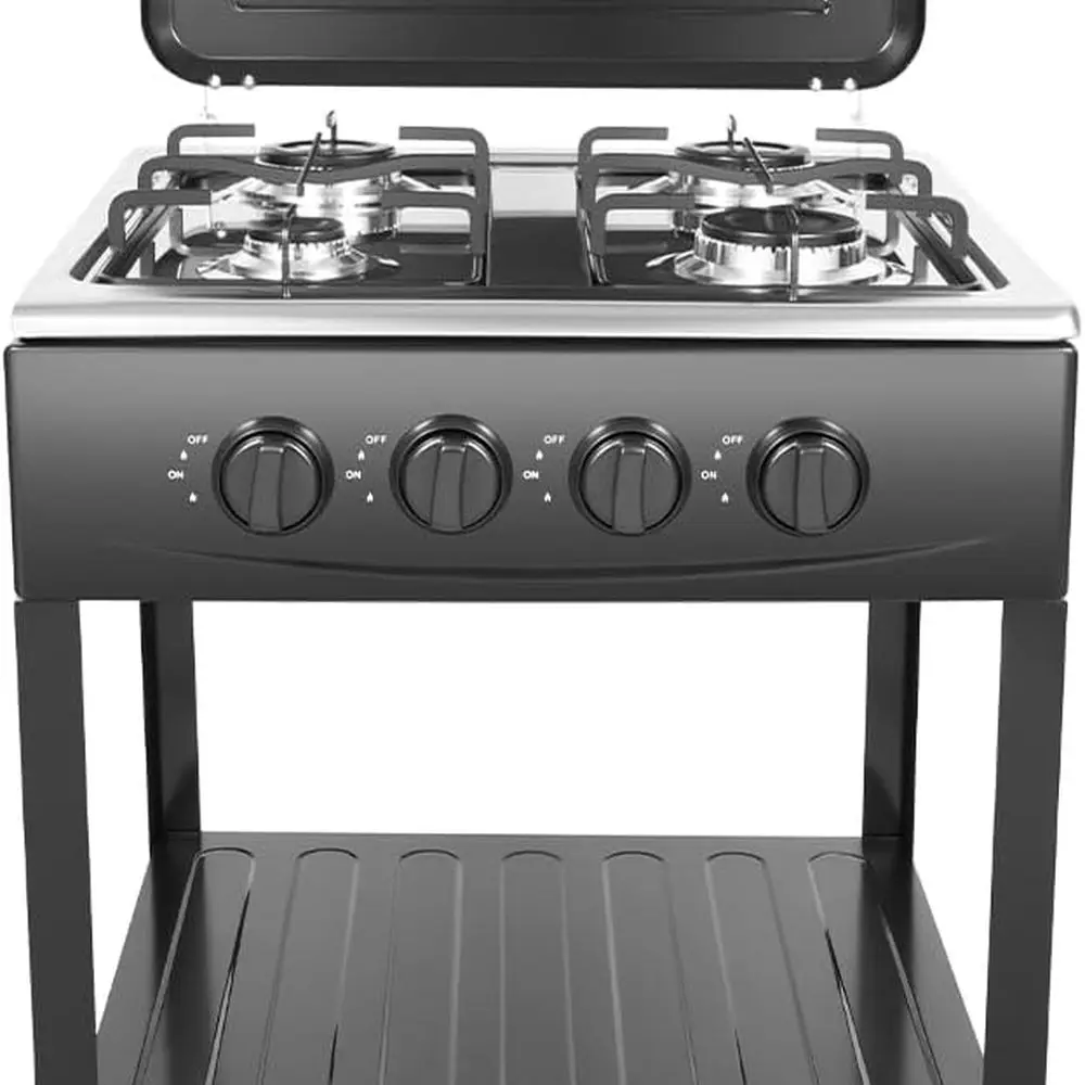 

Portable 4-Burner Outdoor Propane Stove with Wind Guard and Support Leg for Camping, Picnics, and RV Cooking (Black)