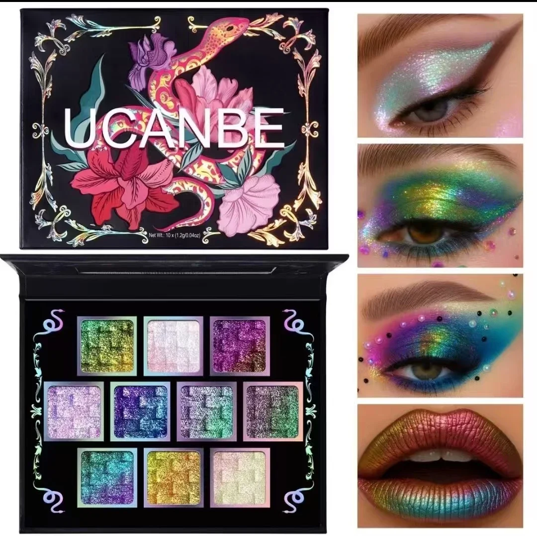 UCANBE Chameleon Eyeshadow Palette 10 Colors Shimmer Glitter Metallic High Pigment Fine Sparkle Lasting Halloween Eye Makeup