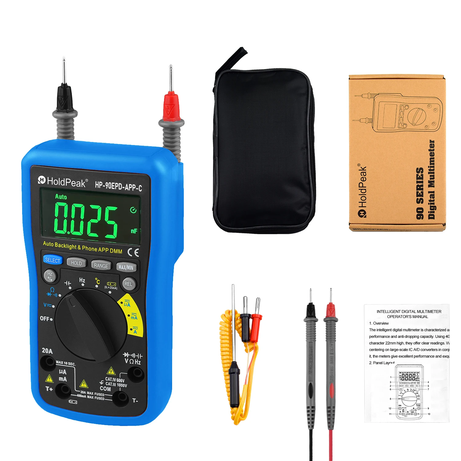 

HoldPeak Bluetooth APP True RMS 6000 Count Auto-Range Multimeter, Color LCD AC/DC V/A Ohm Cap Temp Freq, CAT III 1000V Safety