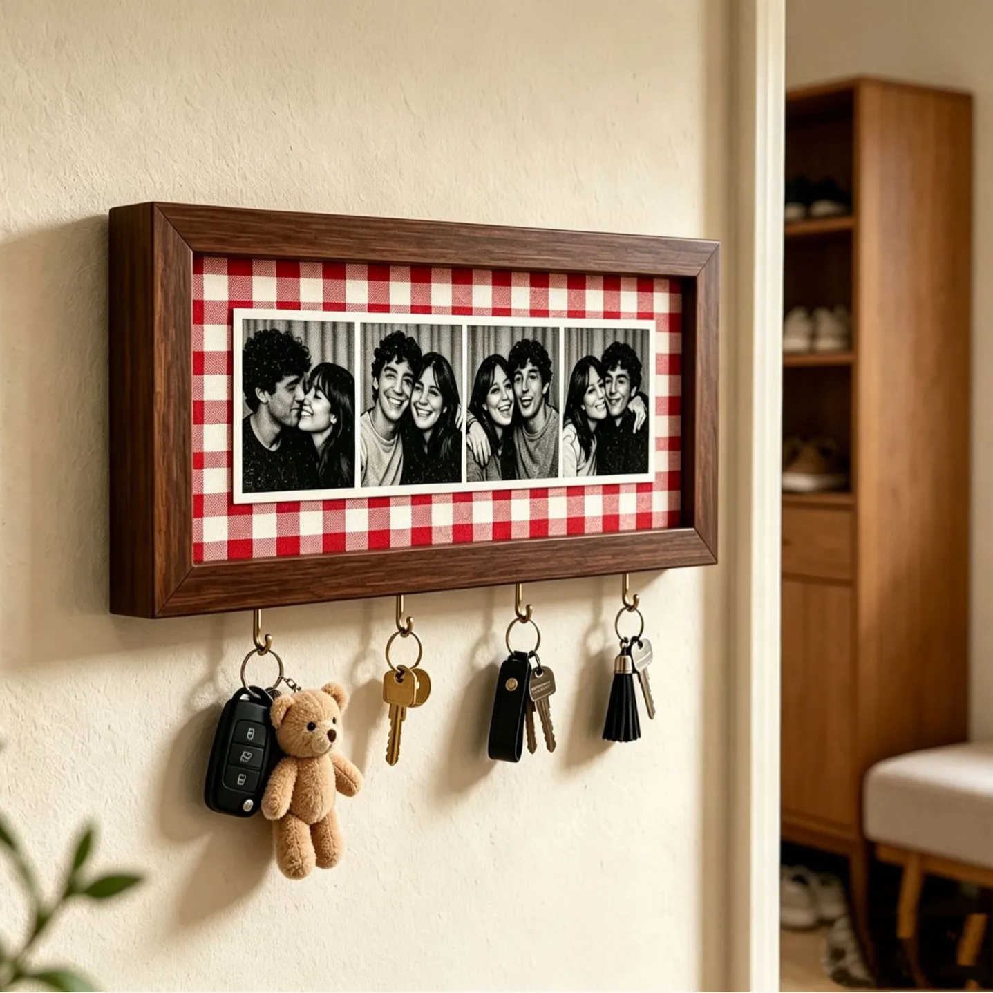 Wooden Couple Photo Strip Frame With Key Hooks Wall Mounted Picture Frame Vintage Striped Frame Key Holder Anniversary Gift New