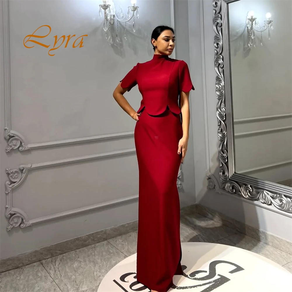 Customized Exquisite High Neckline Cap Sleeve Evening Dress Luxury Burgundy Satin Prom Dresses High Quality Party  Gowns