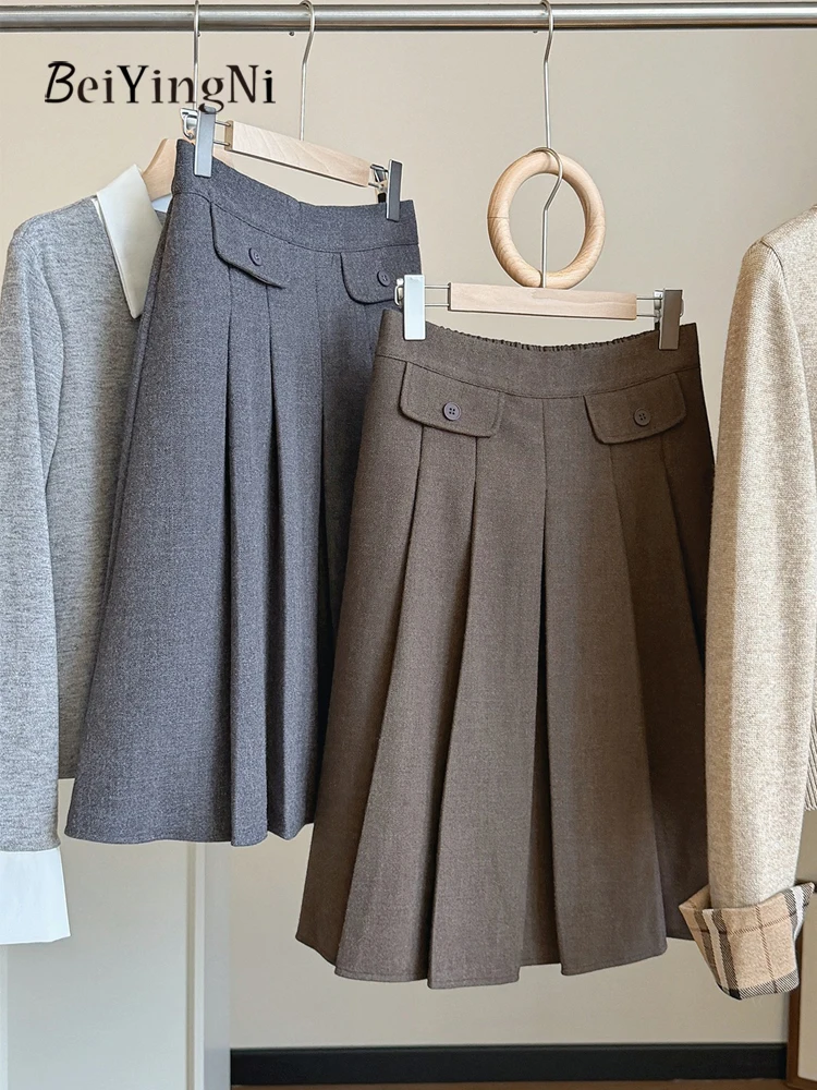 Beiyingni 2026 Autumn Winter High Waist Suit Skirts Women French Elegant Woolen Pleated Skirt Ladies Celebrity Style Gray Faldas
