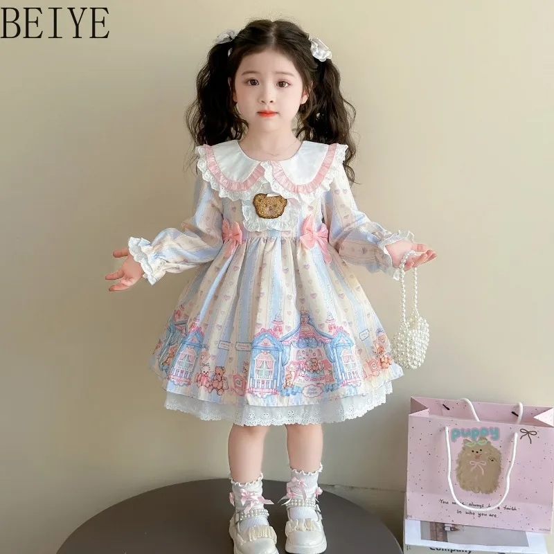 

Kids Lolita Long Sleeve Bear Print Dress Lace Collar Princess Girls Birthday Party Dress Sweet Style Daily Wear Dress
