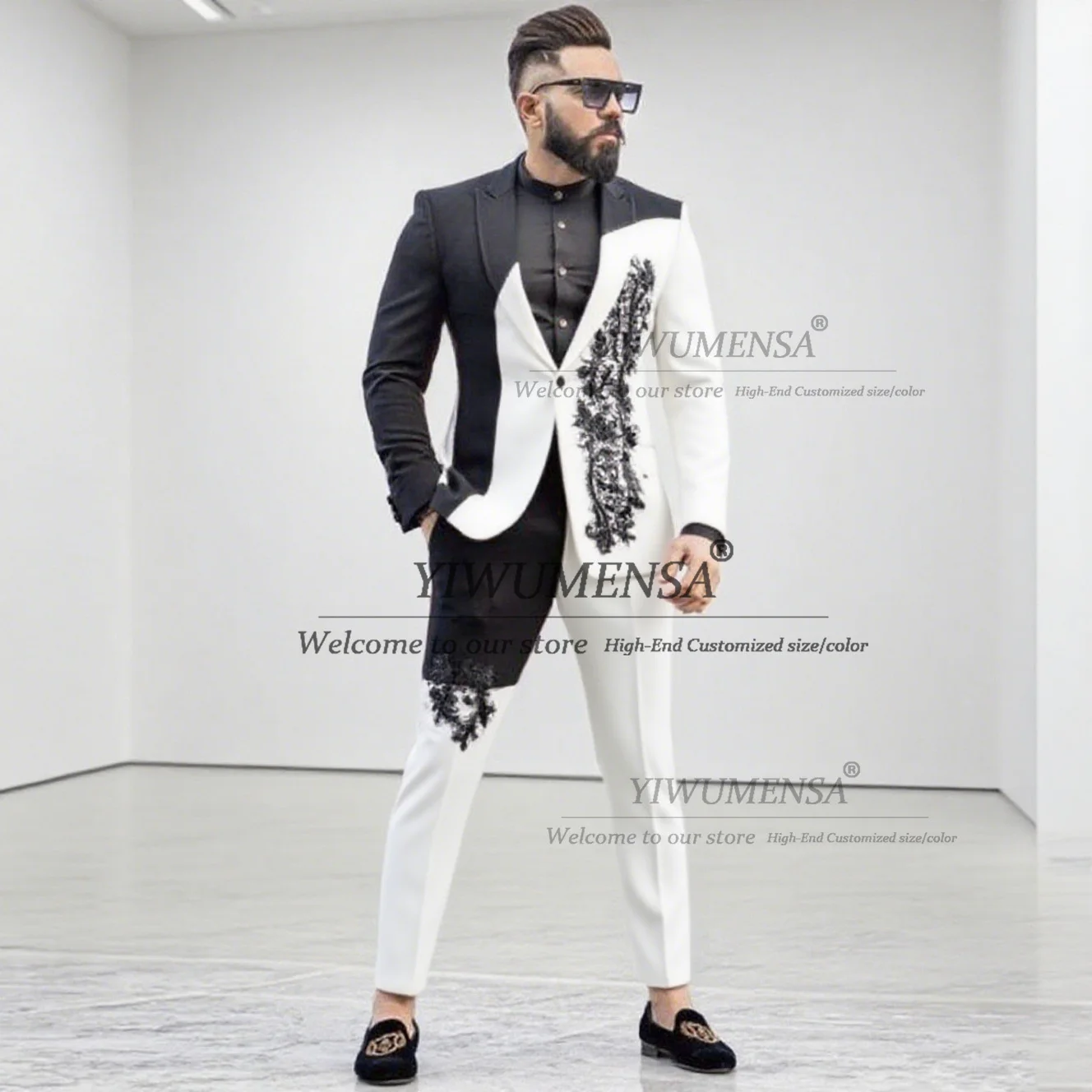 

Exclusive Beaded Lace Suits Men 2 Pieces Sets Splicing Two Color Groom Blazers Customized Man Banquet Evning Party Tuxedso 2026
