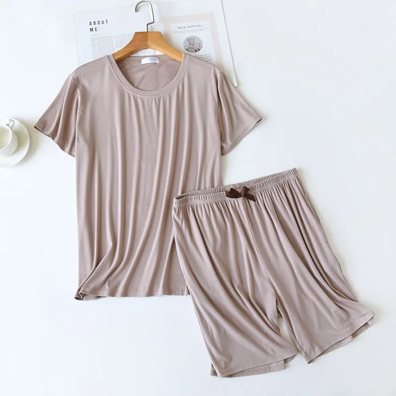 2024 Summer New Women's Pajama Set Modal Ladies Short Sleeve Shorts Two Piece Solid Ice Silk Relaxing Casual Home Set